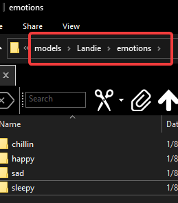 File explorer, showing multiple uniquely named folders inside the "emotions" folder